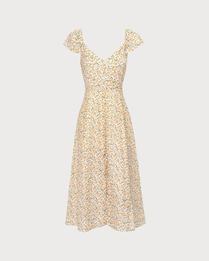 Vestido Midi Amarelo com Estampa Floral, Decote em V e Fenda