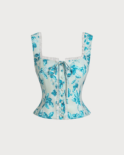 Regata Floral Azul com Decote Quadrado
