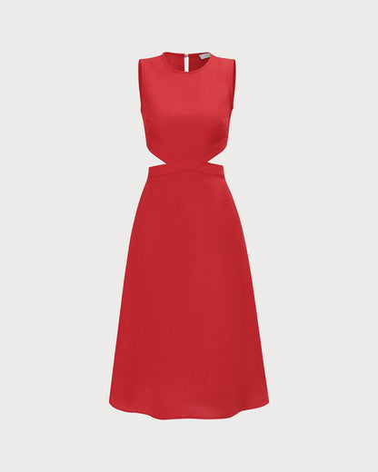Vestido Midi Vermelho com Decote Redondo e Recortes