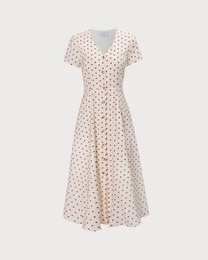 Vestido midi bege com decote em V, estampa poá e botões frontais