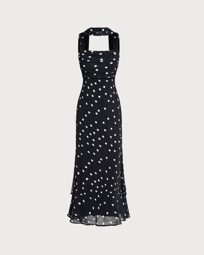 Vestido slip longo em poá preto