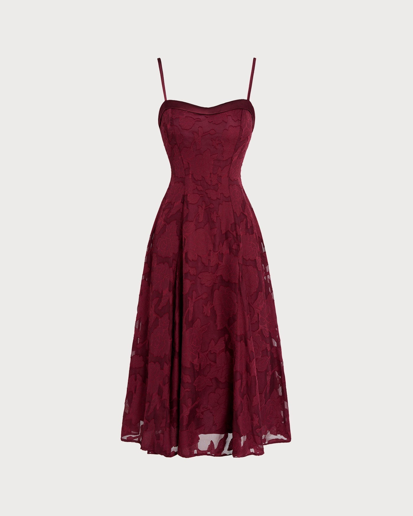 Vestido midi slip em jacquard com decote em coração — Vinho