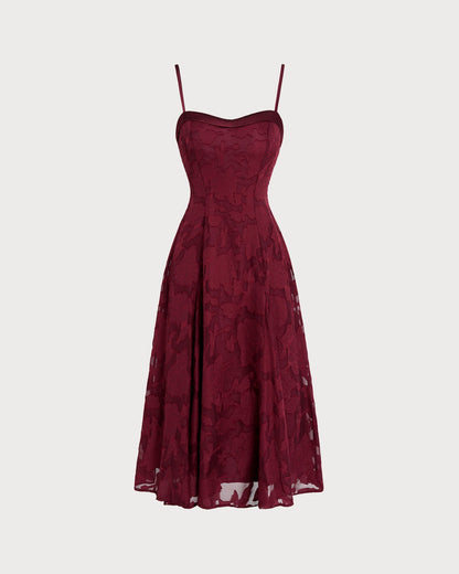 Vestido midi slip em jacquard com decote em coração — Vinho