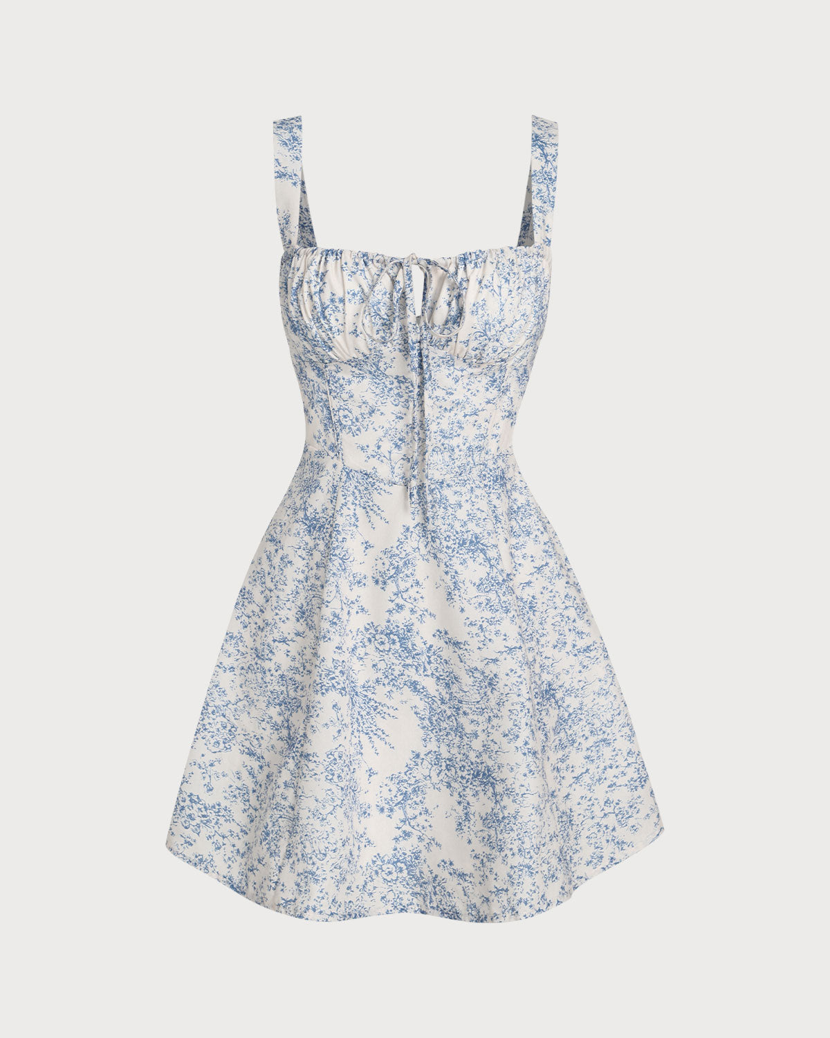 Minivestido corpete tipo slip floral azul com franzidos