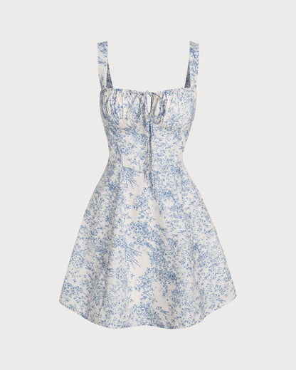 Minivestido corpete tipo slip floral azul com franzidos