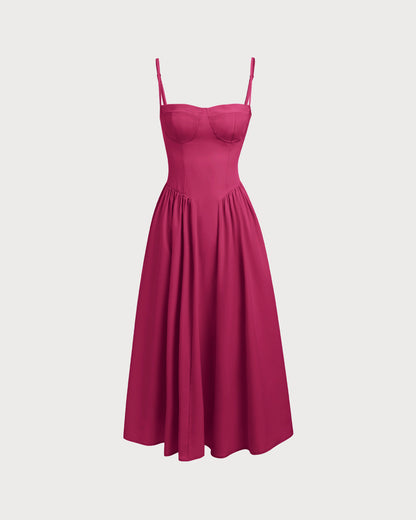 Vestido midi estilo slip com decote quadrado e bolsos — Vinho