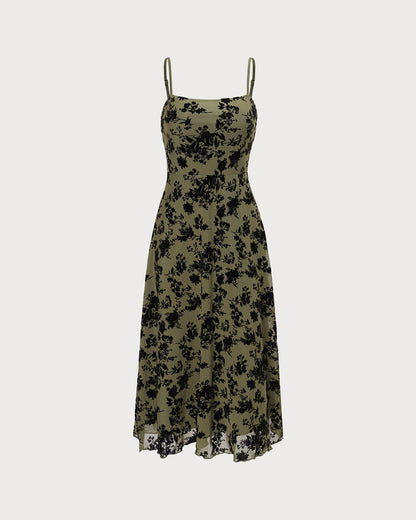 Vestido midi slip, corte A, em burnout floral — Verde
