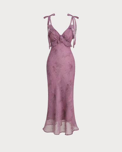 Vestido midi floral roxo com babados e alças de amarrar