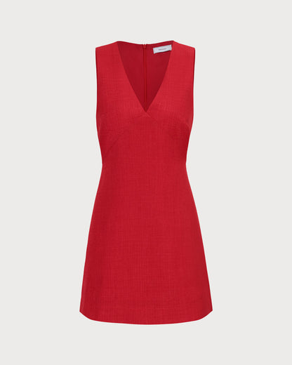 Vestido curto de linho sem mangas com decote em V — Vermelho