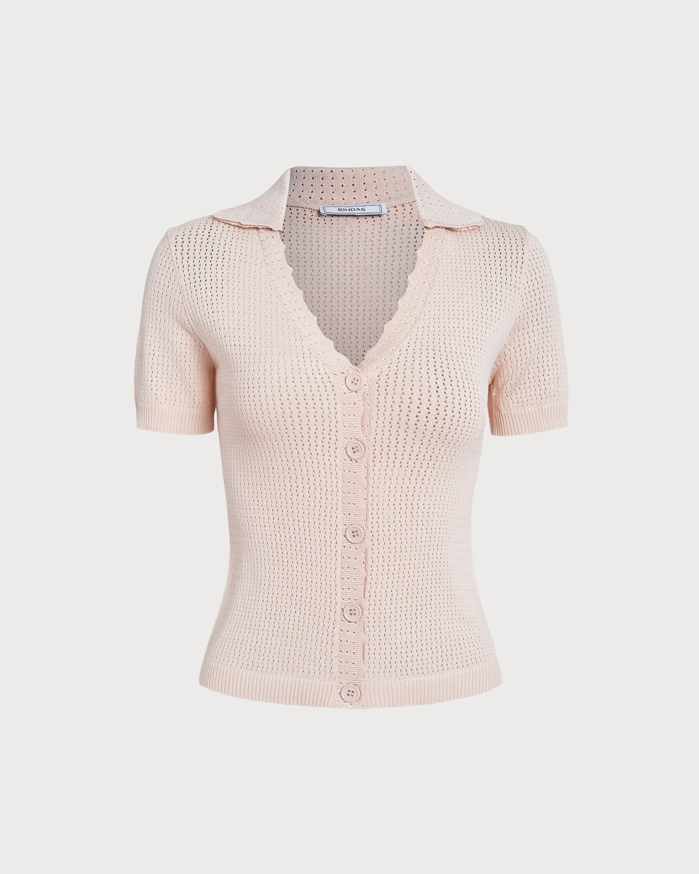 Camiseta em tricô pointelle com decote V e botões — Nude
