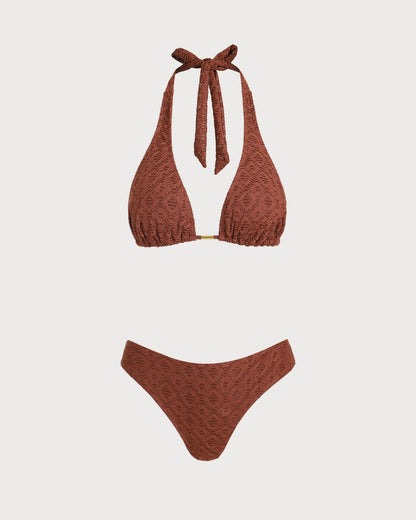 Conjunto de três peças em jacquard marrom