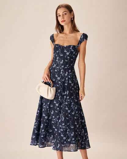 Vestido Midi Floral Azul-Marinho com Decote Coração