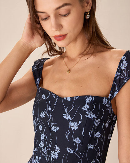 Vestido Midi Floral Azul-Marinho com Decote Coração