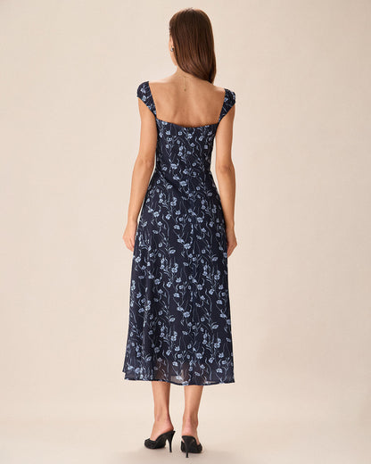 Vestido Midi Floral Azul-Marinho com Decote Coração