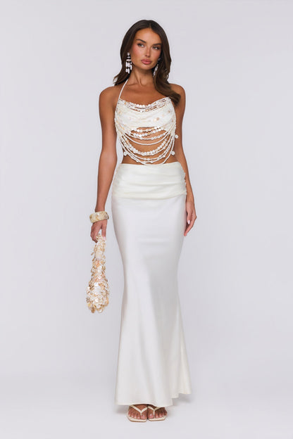 Top Halter Sedoso com Aplicações de Pérolas — Ecru/Branco