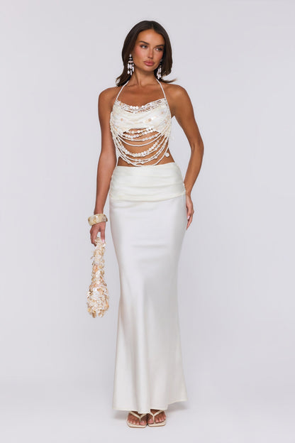 Top Halter Sedoso com Aplicações de Pérolas — Ecru/Branco