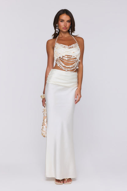 Top Halter Sedoso com Aplicações de Pérolas — Ecru/Branco