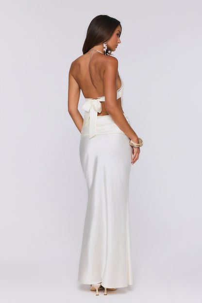 Top Halter Sedoso com Aplicações de Pérolas — Ecru/Branco