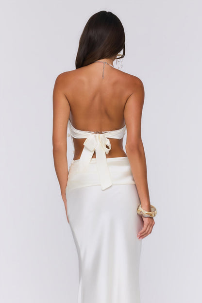 Top Halter Sedoso com Aplicações de Pérolas — Ecru/Branco