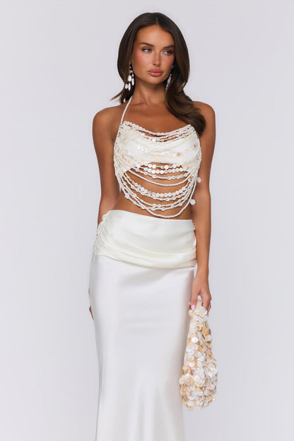 Top Halter Sedoso com Aplicações de Pérolas — Ecru/Branco