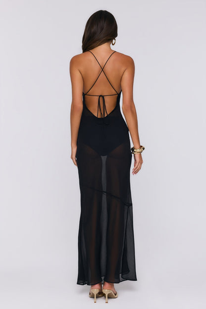 Vestido Longo Slip Luxuoso Transparente — Preto