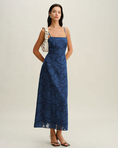 Vestido longo estilo slip em jacquard com costas abertas - Azul Marinho