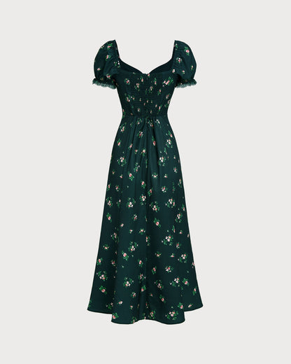 Vestido midi floral com mangas bufantes — Verde