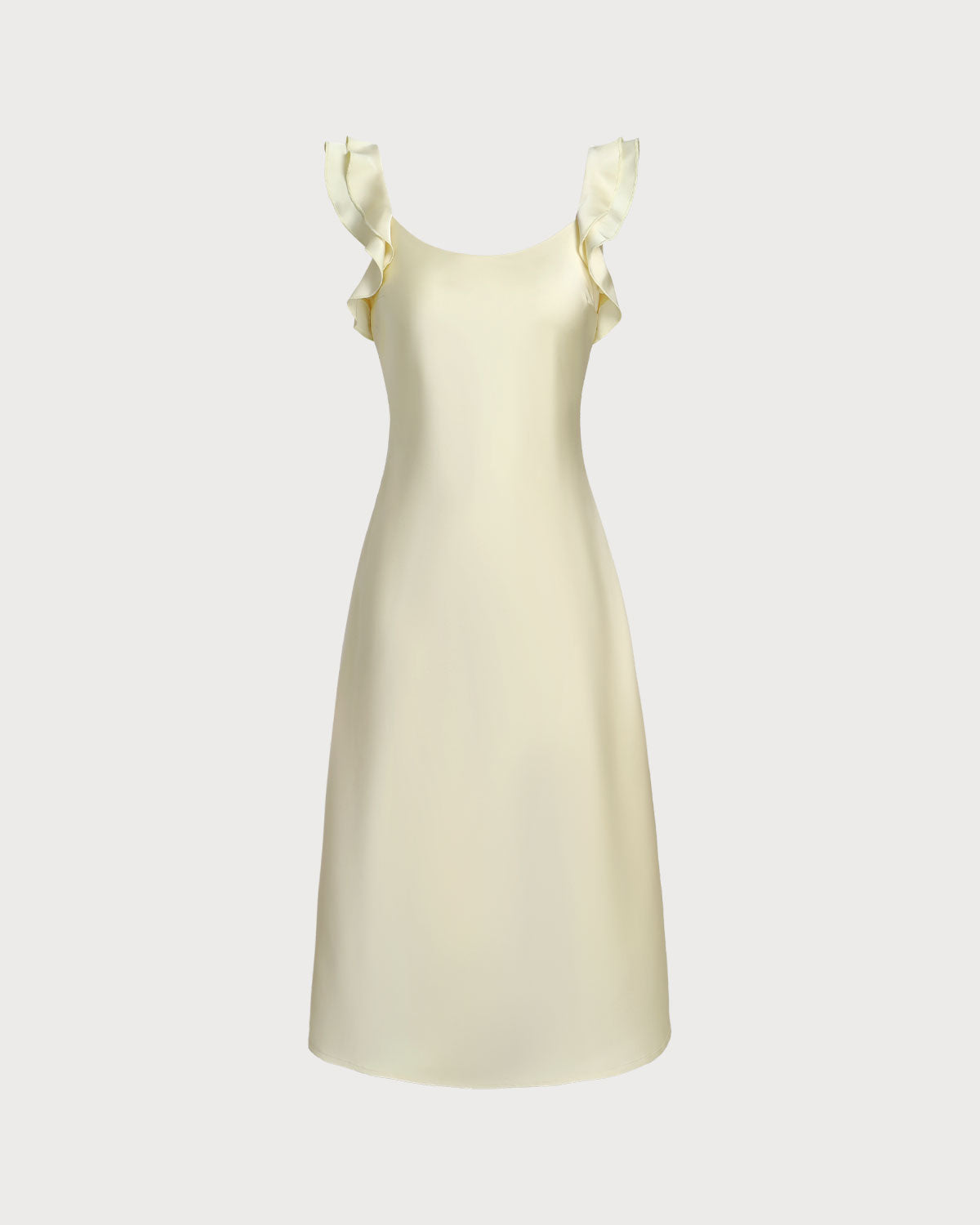Vestido midi de cetim amarelo com decote quadrado e babados
