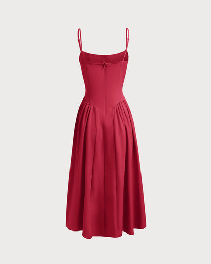 Vestido slip midi vermelho com decote quadrado e bolso