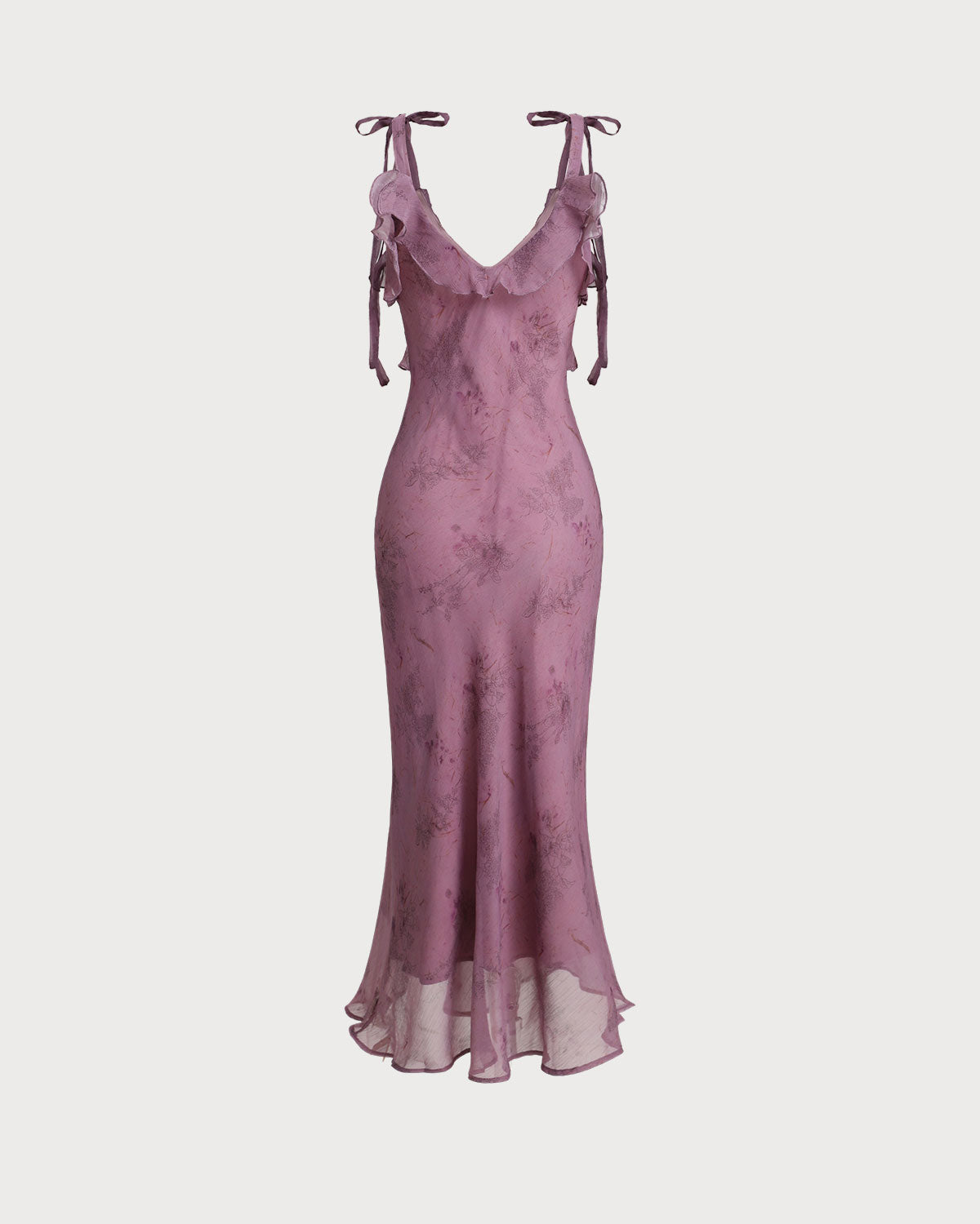 Vestido midi floral roxo com babados e alças de amarrar