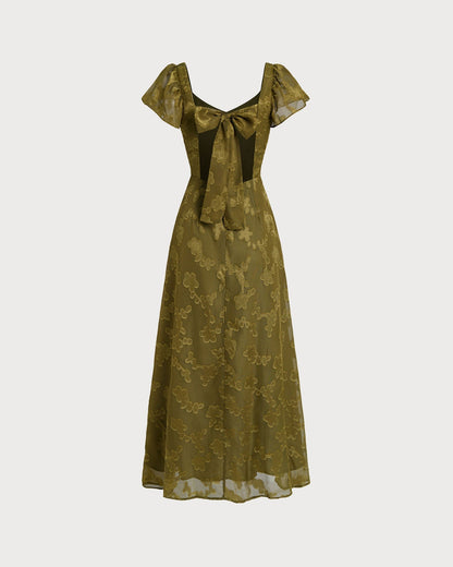 Vestido longo em jacquard com decote coração — Verde