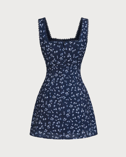 Vestido slip mini com decote quadrado e estampa floral em azul-marinho
