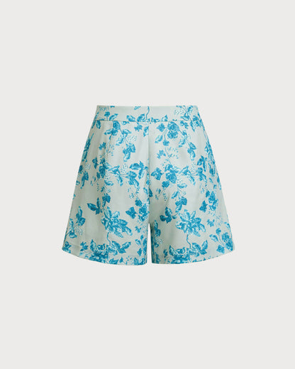 Shorts azul floral com bolsos