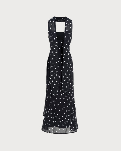 Vestido slip longo em poá preto