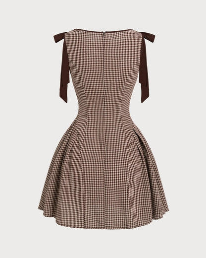 Minivestido xadrez vichy marrom com alças de amarrar