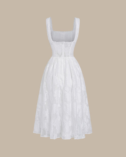 Vestido slip midi em jacquard branco com franzidos