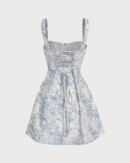 Minivestido corpete tipo slip floral azul com franzidos