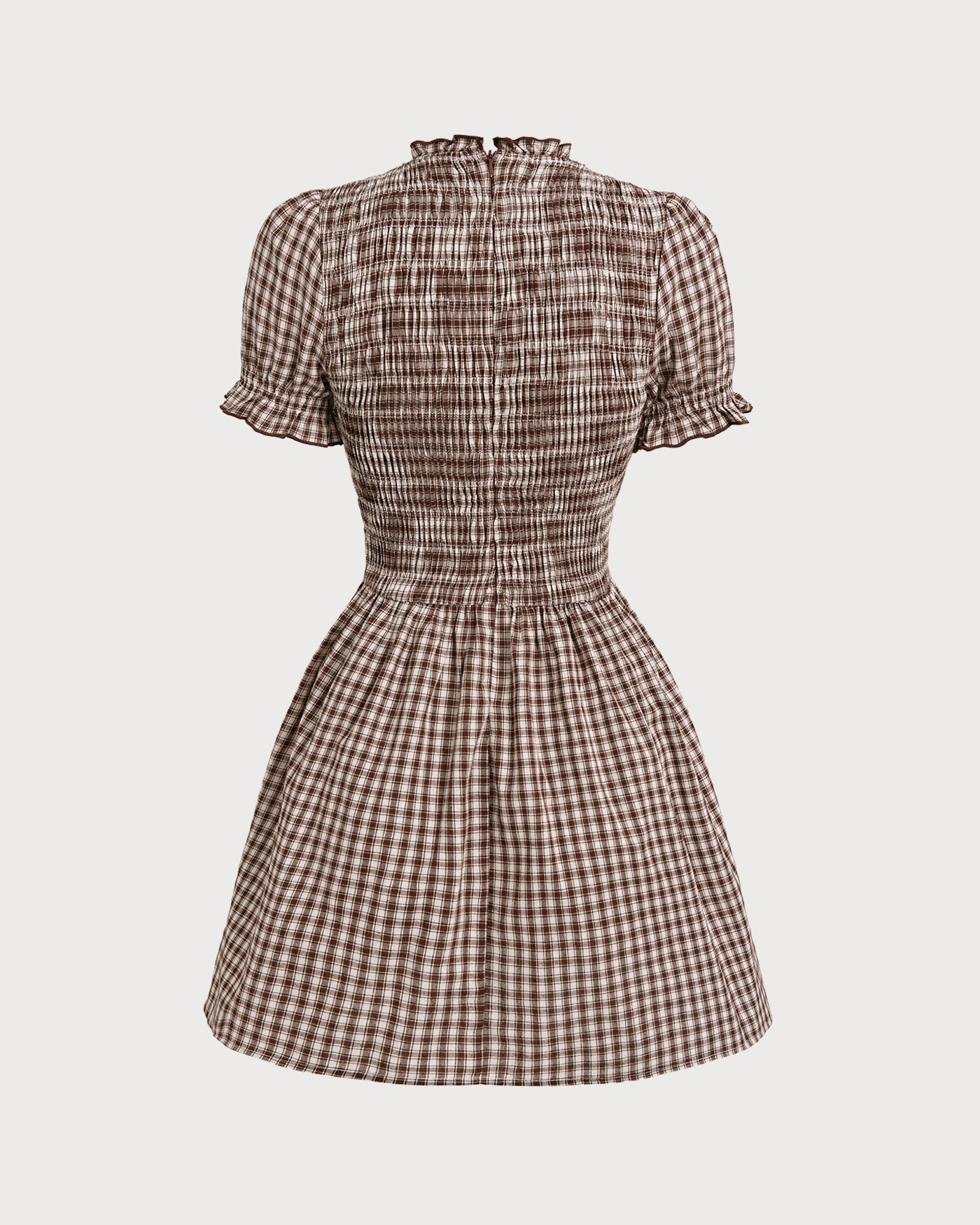 Vestido curto em xadrez vichy café com mangas bufantes