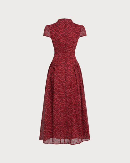 Vestido longo floral vermelho com manga tipo capa