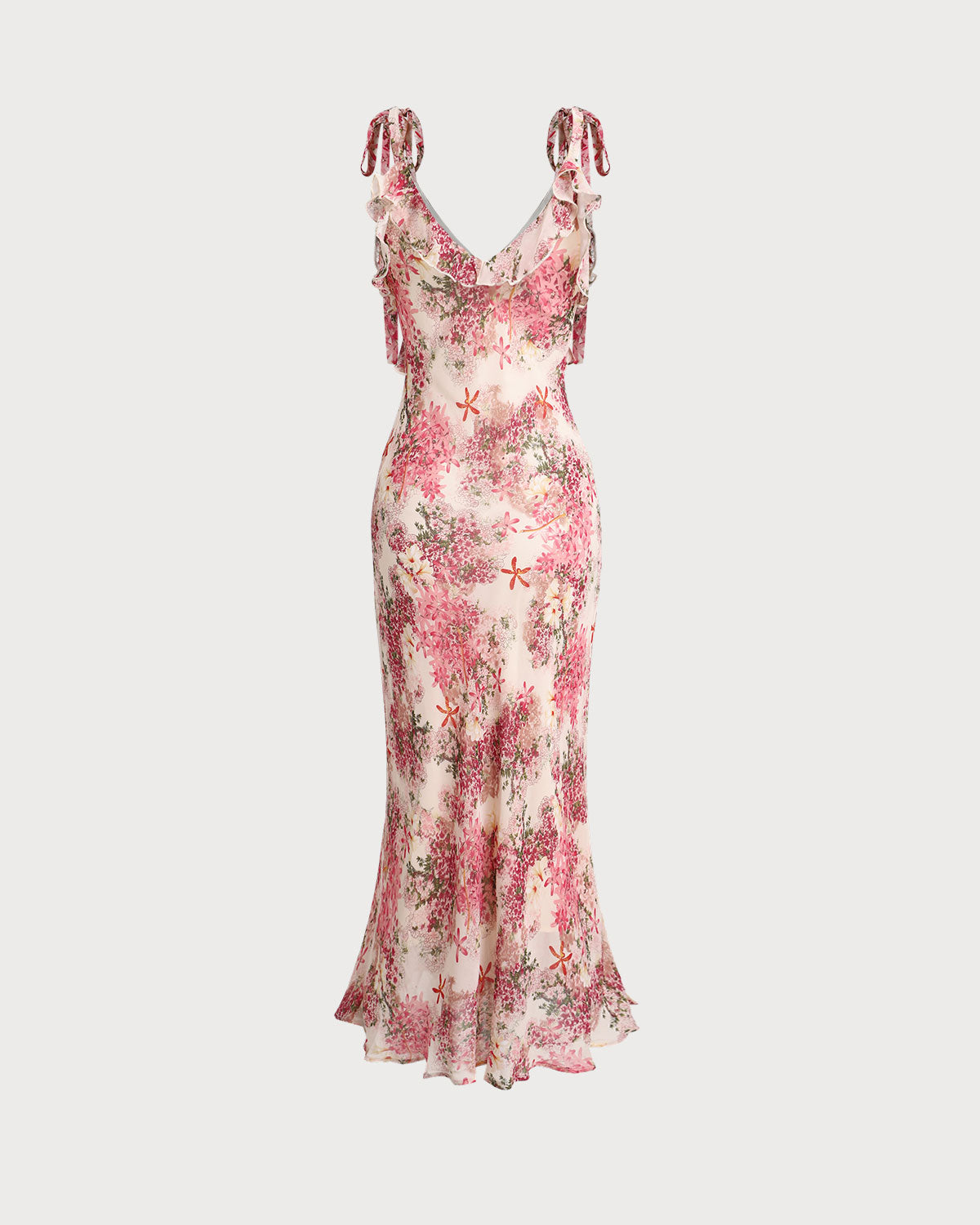 Vestido midi floral rosa com babados e alças de amarrar