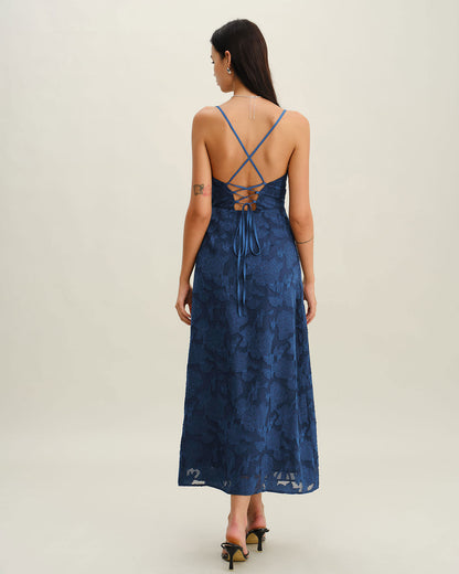 Vestido longo estilo slip em jacquard com costas abertas - Azul Marinho