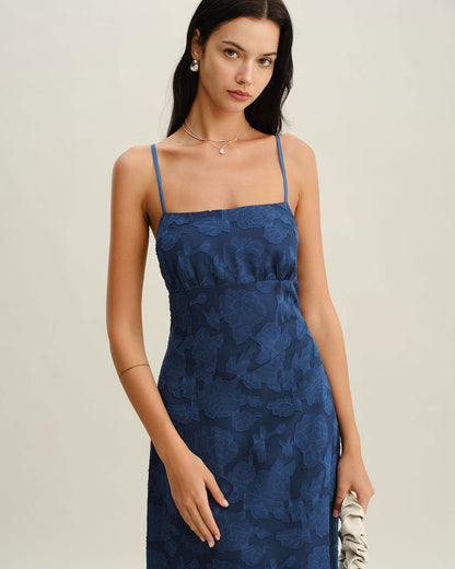 Vestido longo estilo slip em jacquard com costas abertas - Azul Marinho