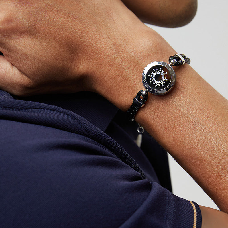 Sun & Moon Touch Bracelets with Braided Leather Rope (Black+Black)