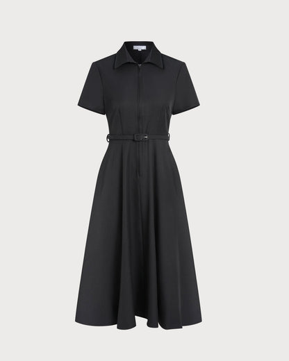 Vestido midi evasê com cinto — Preto