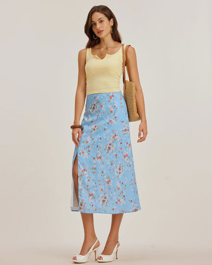 Saia midi evasê floral azul com fenda