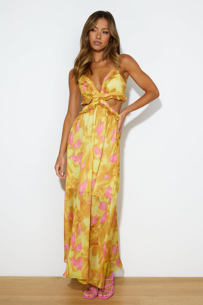 Vestido Longo Estilo Resort de Luxo - Amarelo