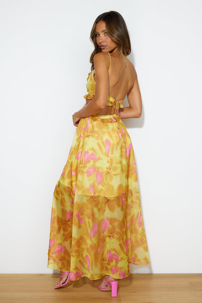 Vestido Longo Estilo Resort de Luxo - Amarelo