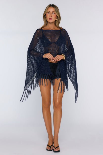 Poncho com Franjas Azul-marinho