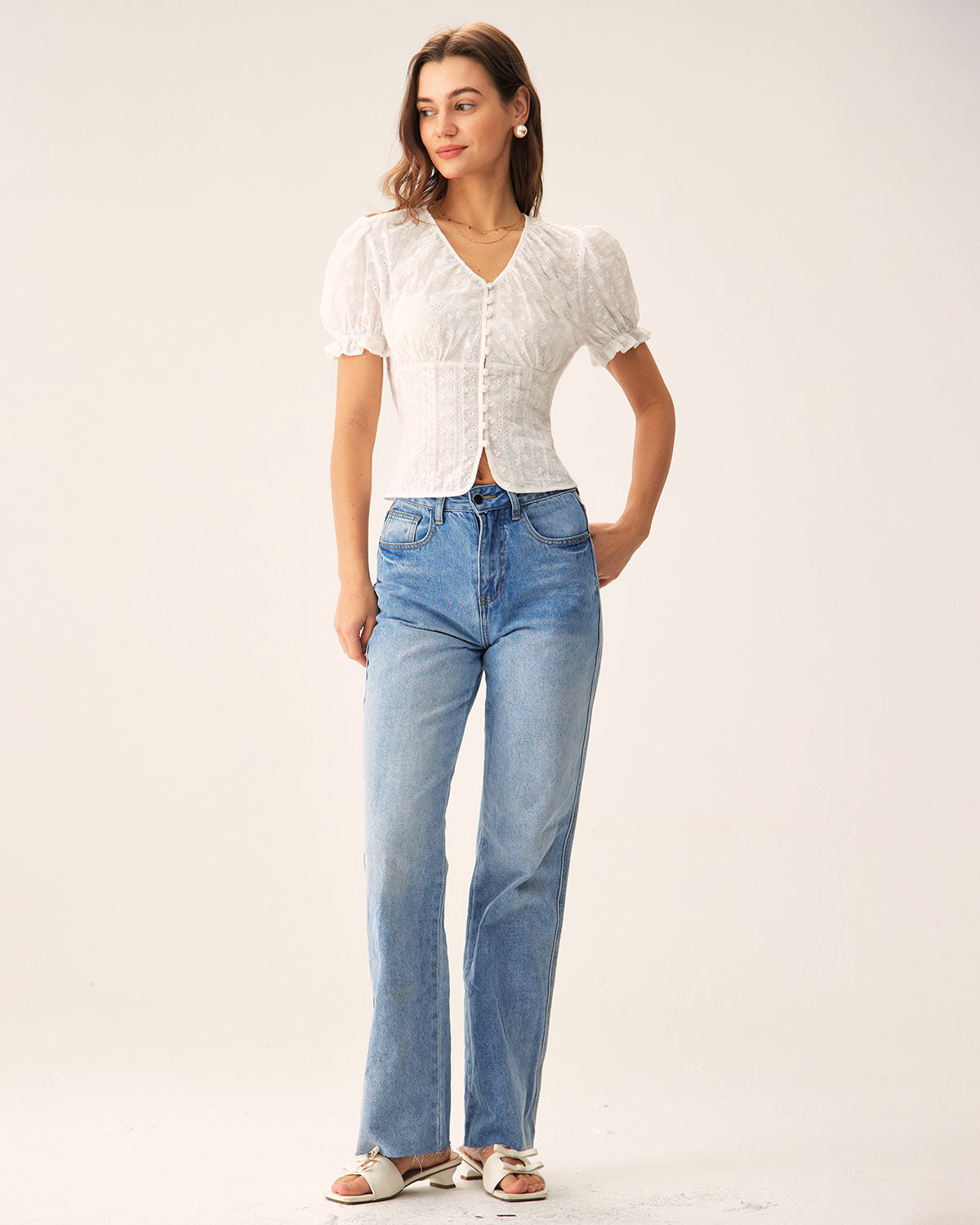 Blusa Floral Branca com Manga Bufante