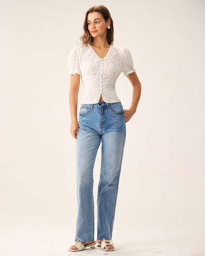 Blusa Floral Branca com Manga Bufante